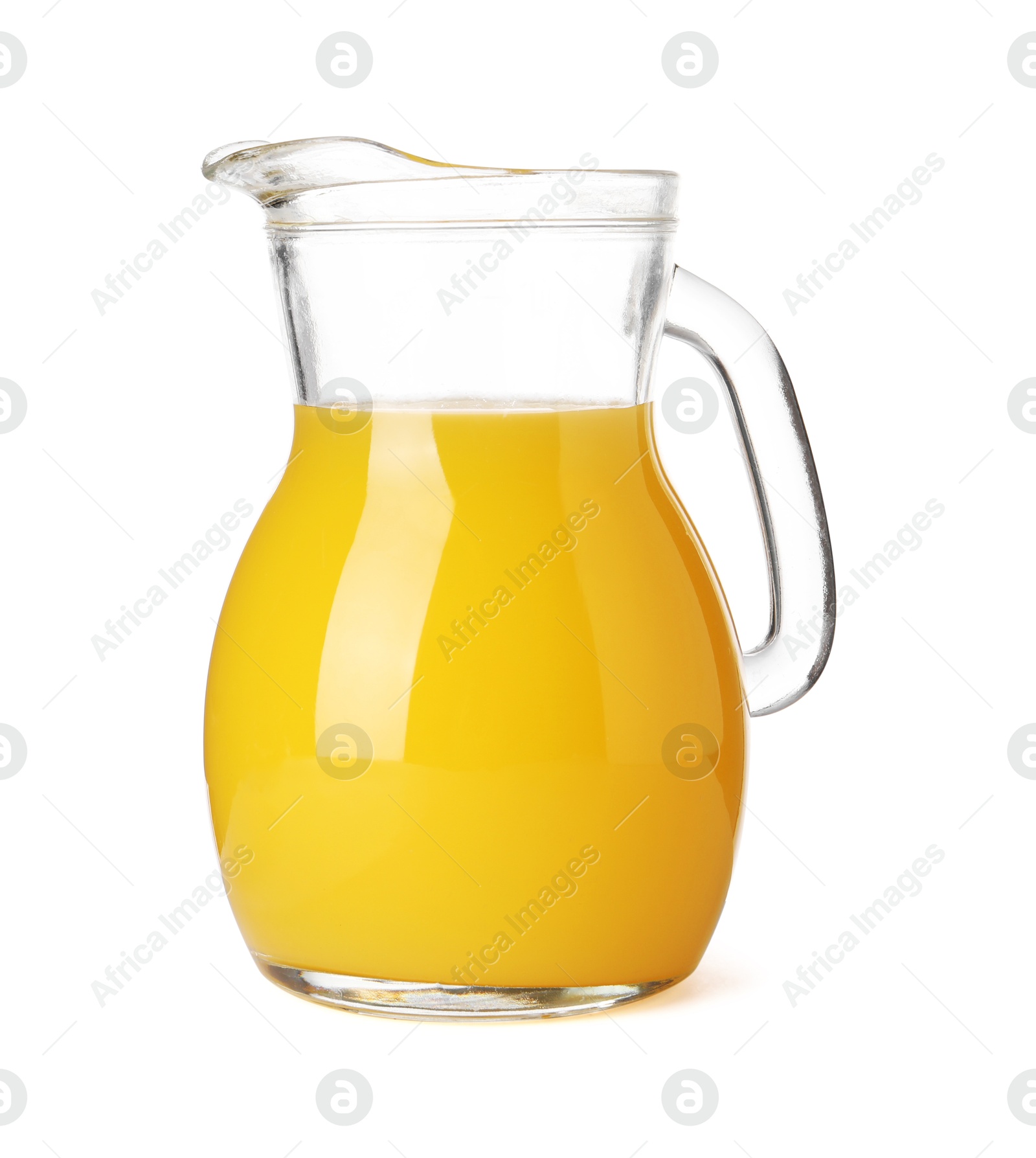 Photo of Tasty orange juice in jug isolated on white