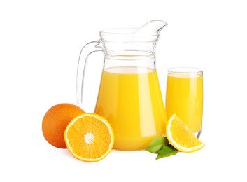 Photo of Tasty orange juice in jug, glass and citrus fruit isolated on white