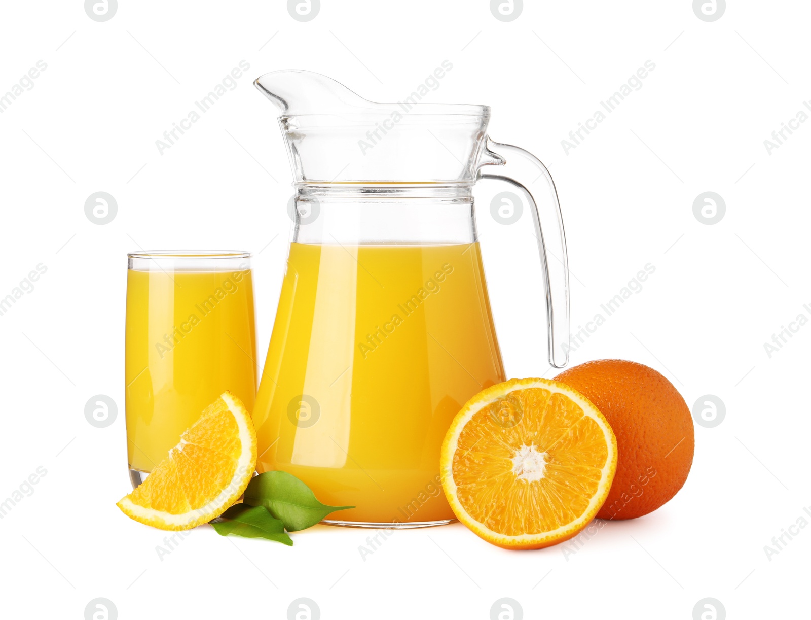 Photo of Tasty orange juice in jug, glass and citrus fruit isolated on white