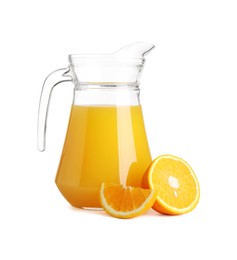 Photo of Tasty orange juice in jug and citrus fruit isolated on white