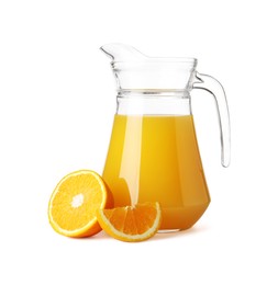 Photo of Tasty orange juice in jug and citrus fruit isolated on white