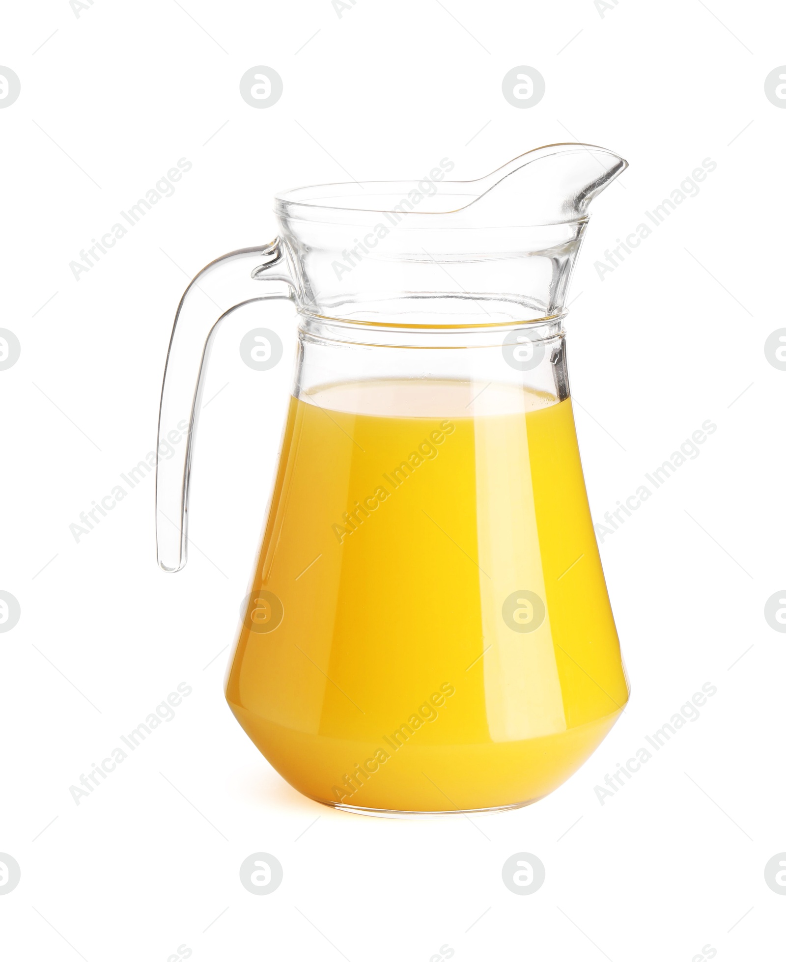 Photo of Tasty orange juice in jug isolated on white