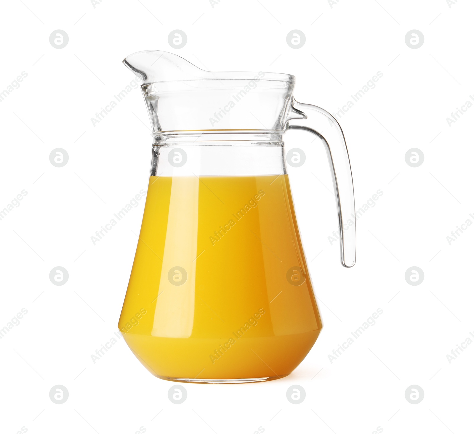 Photo of Tasty orange juice in jug isolated on white