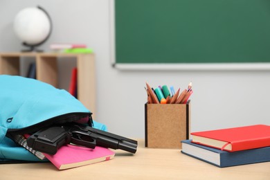 Photo of School stationery, gun and backpack on desk in classroom
