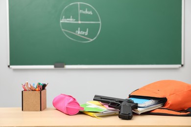 Photo of School stationery, gun and backpack on desk in classroom