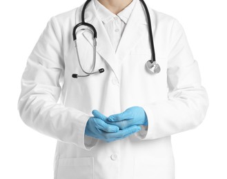 Photo of Doctor holding something on white background, closeup