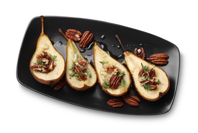 Photo of Tasty baked pears with nuts, blue cheese, thyme and honey on white background, top view