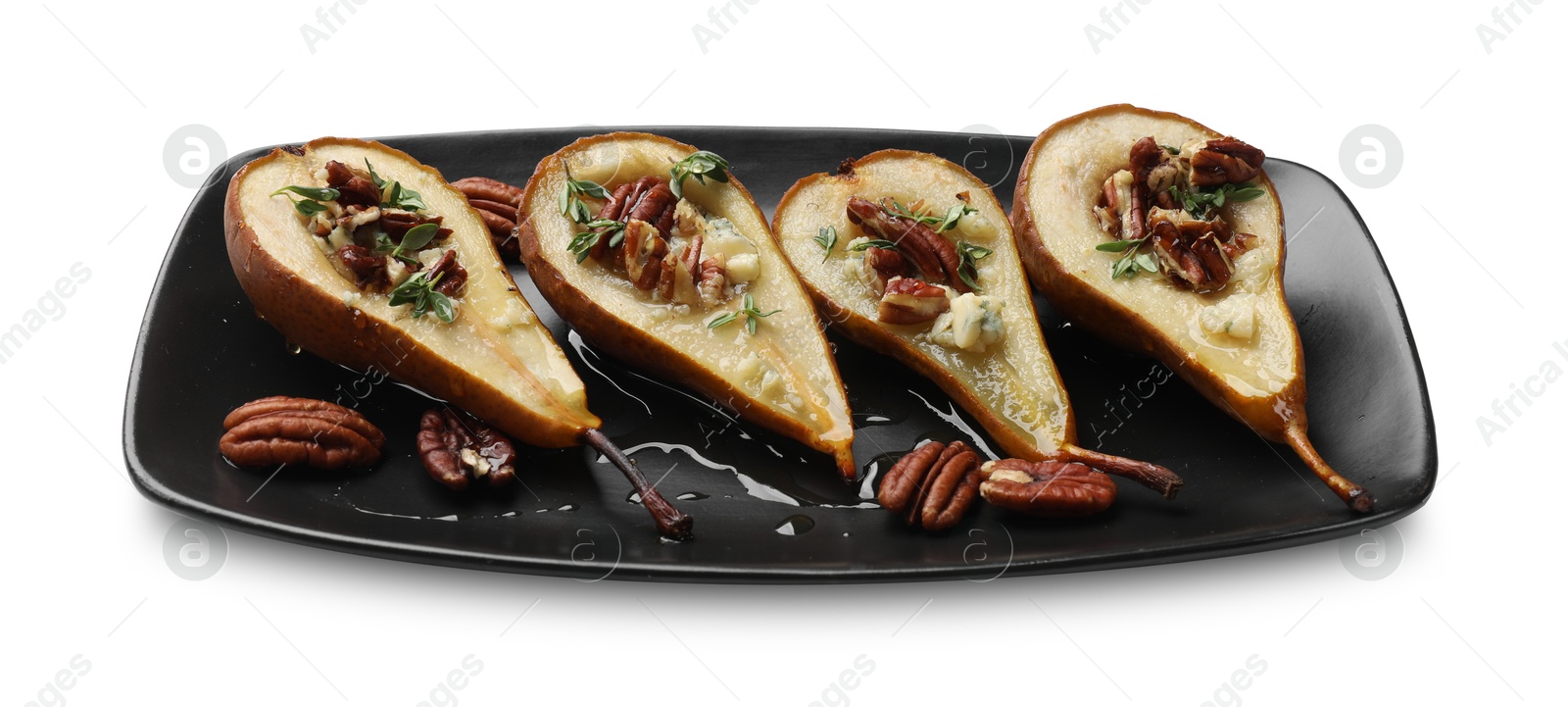 Photo of Tasty baked pears with nuts, blue cheese, thyme and honey on white background