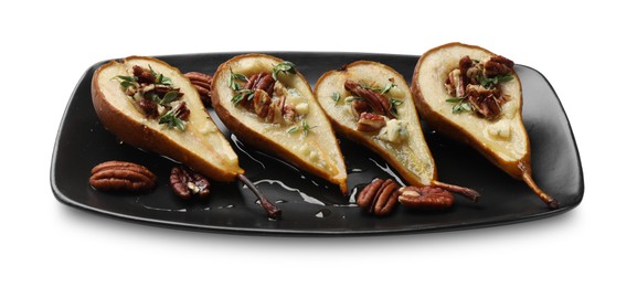 Photo of Tasty baked pears with nuts, blue cheese, thyme and honey on white background