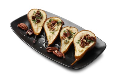 Photo of Tasty baked pears with nuts, blue cheese, thyme and honey on white background