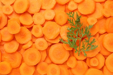 Photo of Slices of fresh ripe carrot and green leaf as background, top view