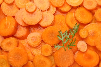 Photo of Slices of fresh ripe carrot and green leaf as background, top view