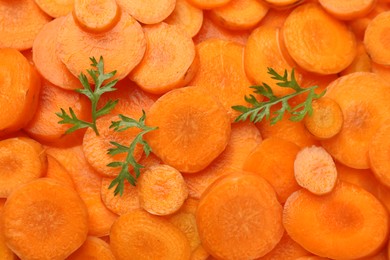 Slices of fresh ripe carrot and green leaves as background, top view