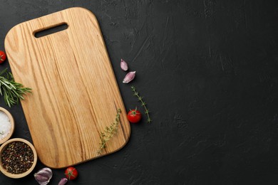 Photo of Cutting board, fresh tomatoes and different spices on grey textured table, flat lay. Space for text