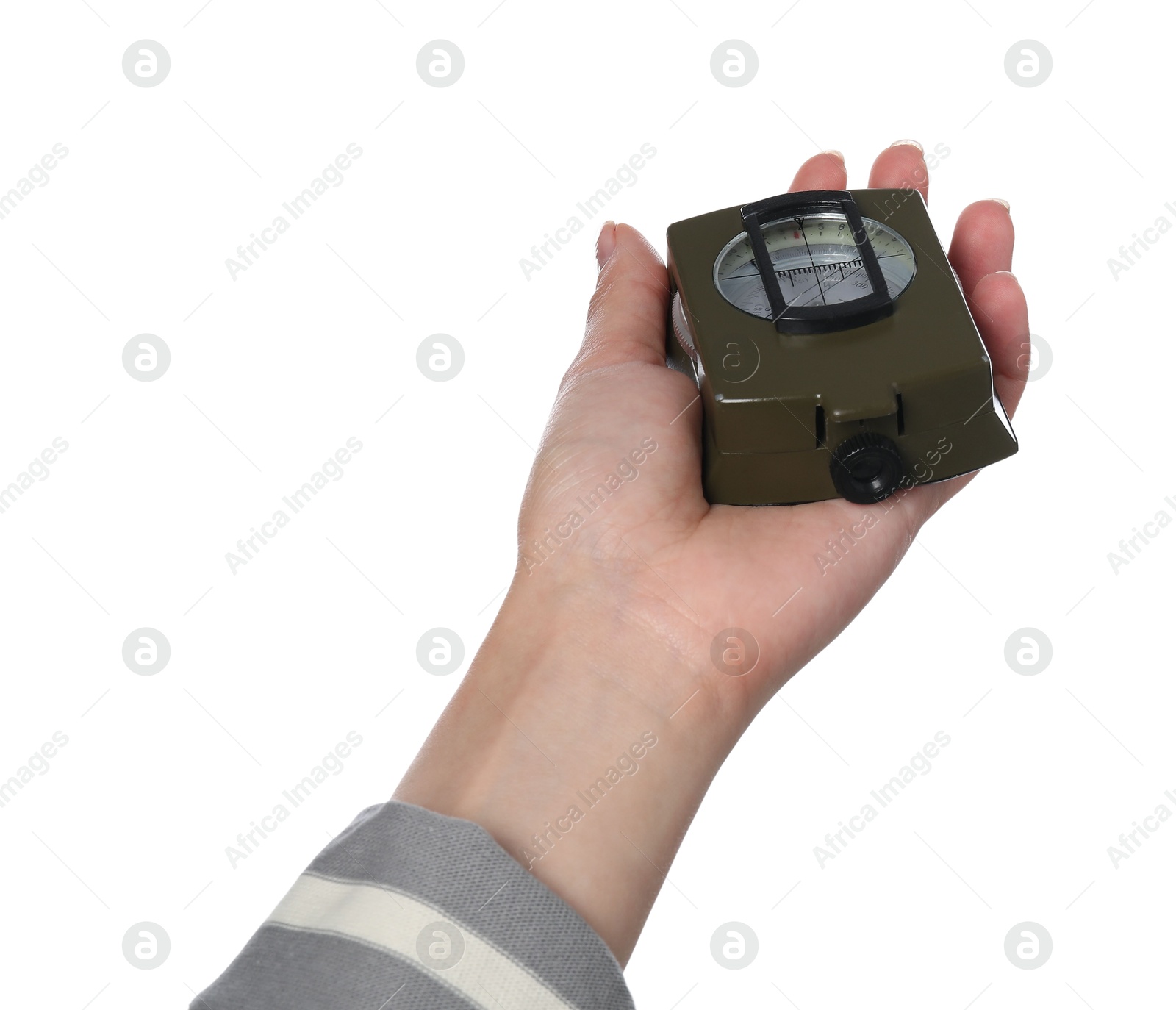 Photo of Woman holding compass on white background, closeup