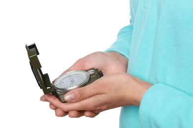 Photo of Woman holding compass on white background, closeup