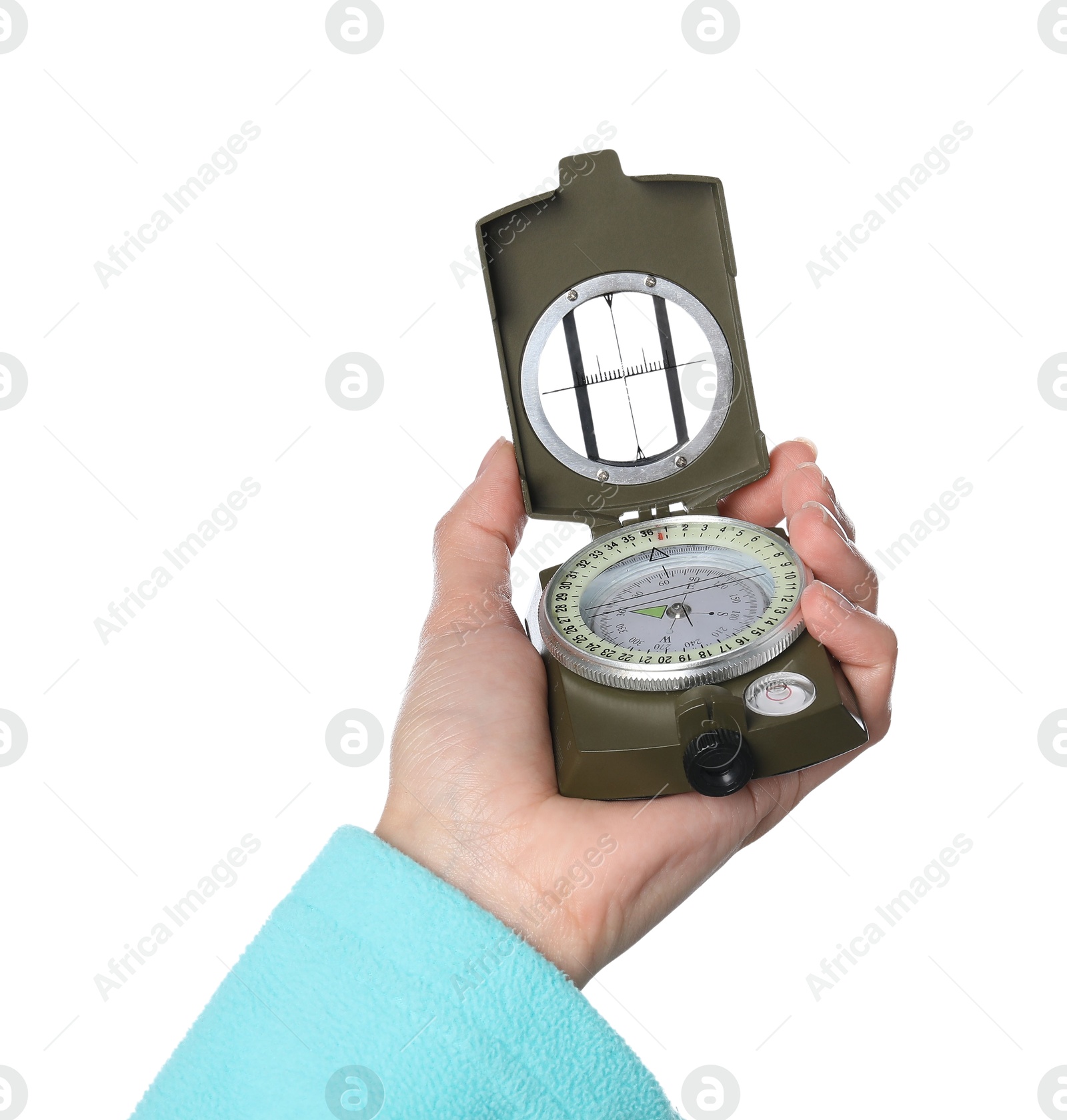 Photo of Woman holding compass on white background, closeup