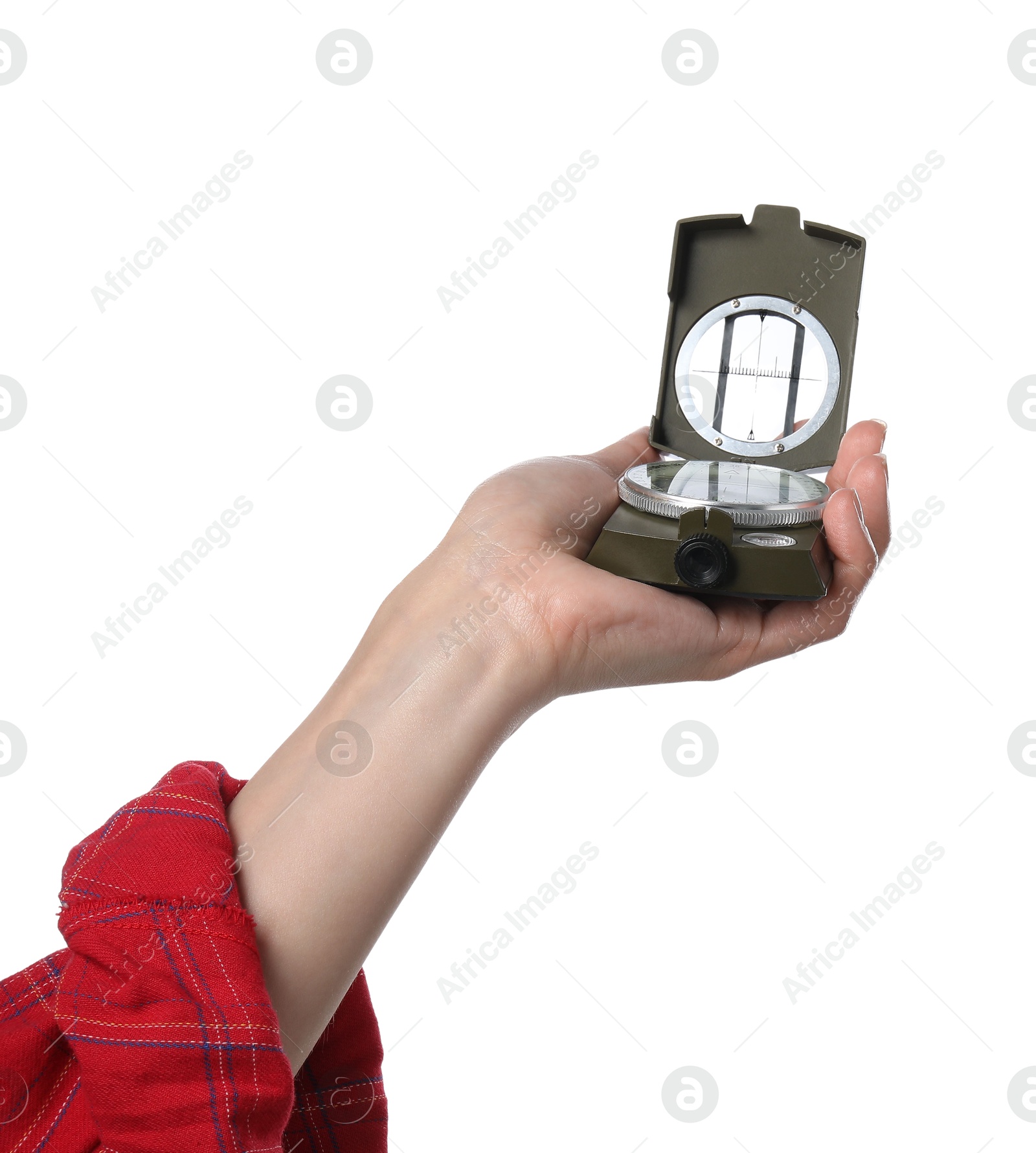 Photo of Woman holding compass on white background, closeup