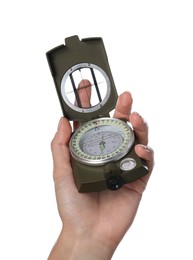 Photo of Woman holding compass on white background, closeup