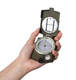 Photo of Woman holding compass on white background, closeup