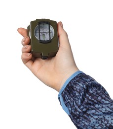 Photo of Woman holding compass on white background, closeup