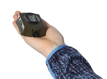 Photo of Woman holding compass on white background, closeup