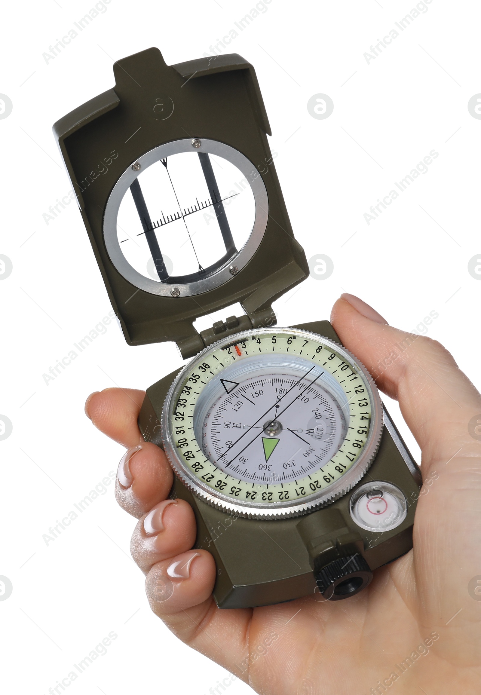 Photo of Woman holding compass on white background, closeup