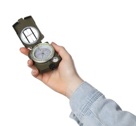 Photo of Woman holding compass on white background, closeup