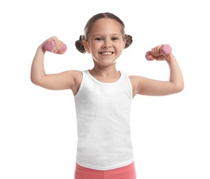 Photo of Cute little girl with dumbbells on white background