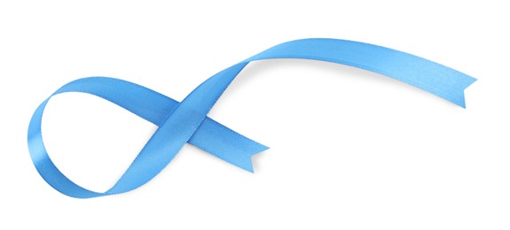 Photo of Beautiful light blue ribbon isolated on white, top view