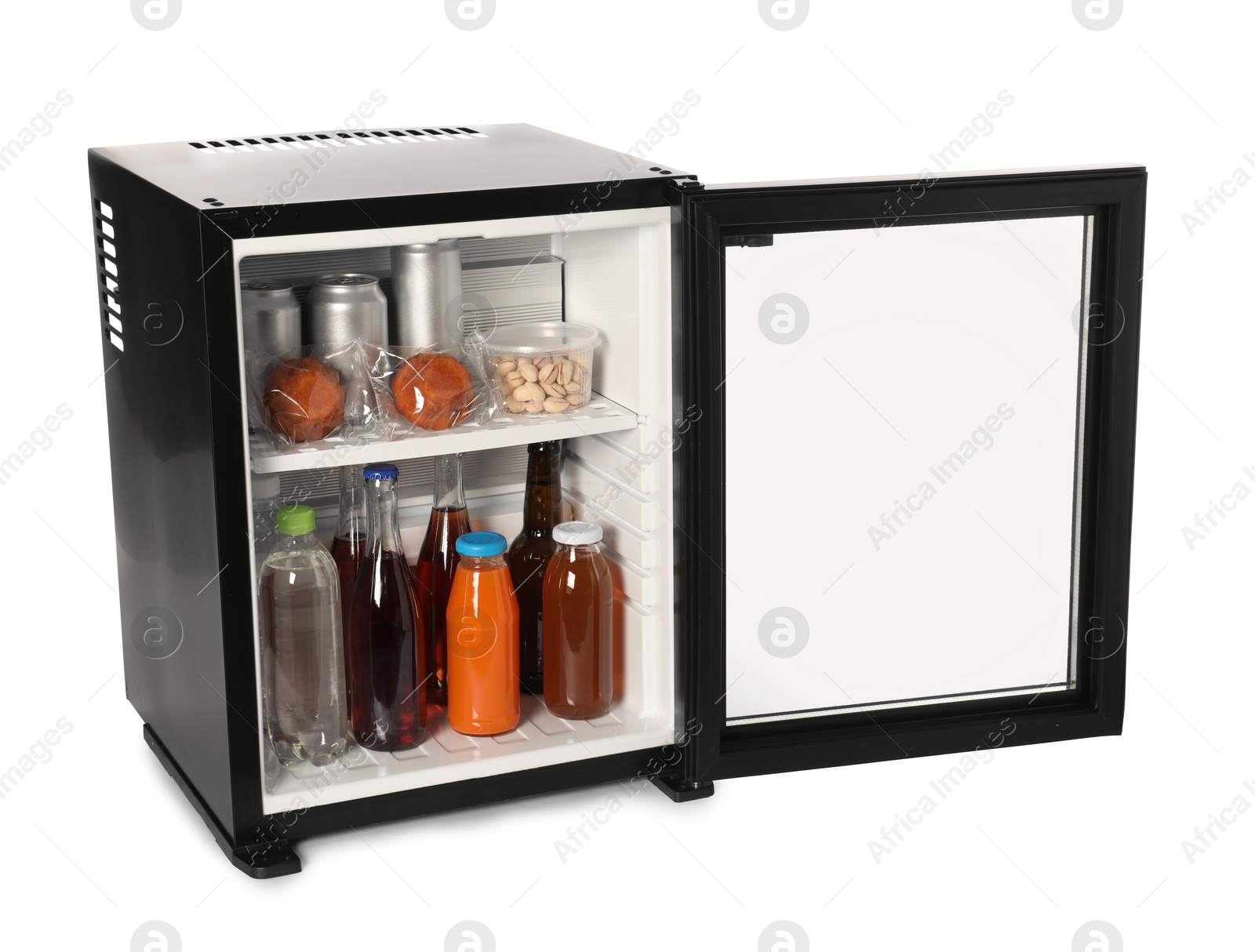 Photo of Mini refrigerator with drinks and snacks isolated on white