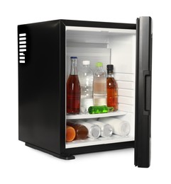 Photo of Mini refrigerator with drinks isolated on white