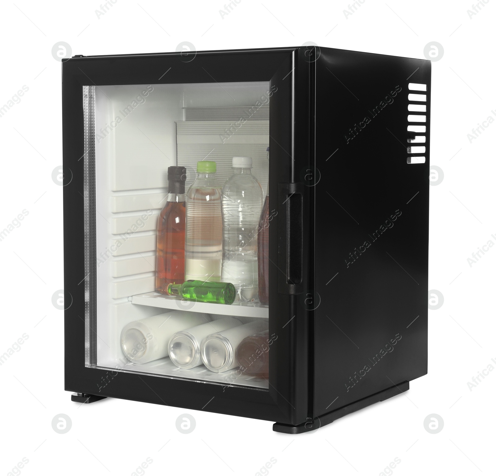 Photo of Mini refrigerator with drinks isolated on white