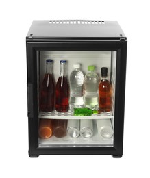 Mini refrigerator with drinks isolated on white