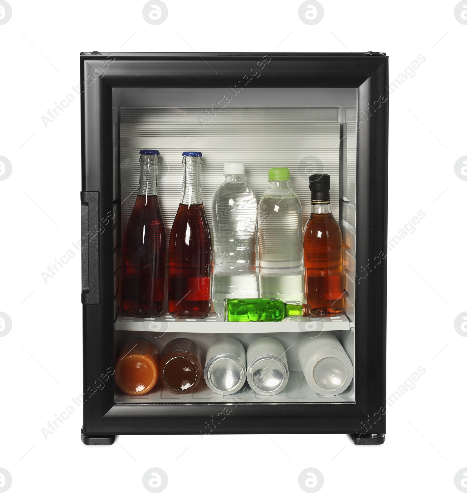 Photo of Mini refrigerator with drinks isolated on white