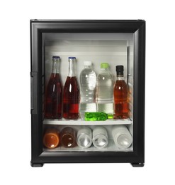 Mini refrigerator with drinks isolated on white