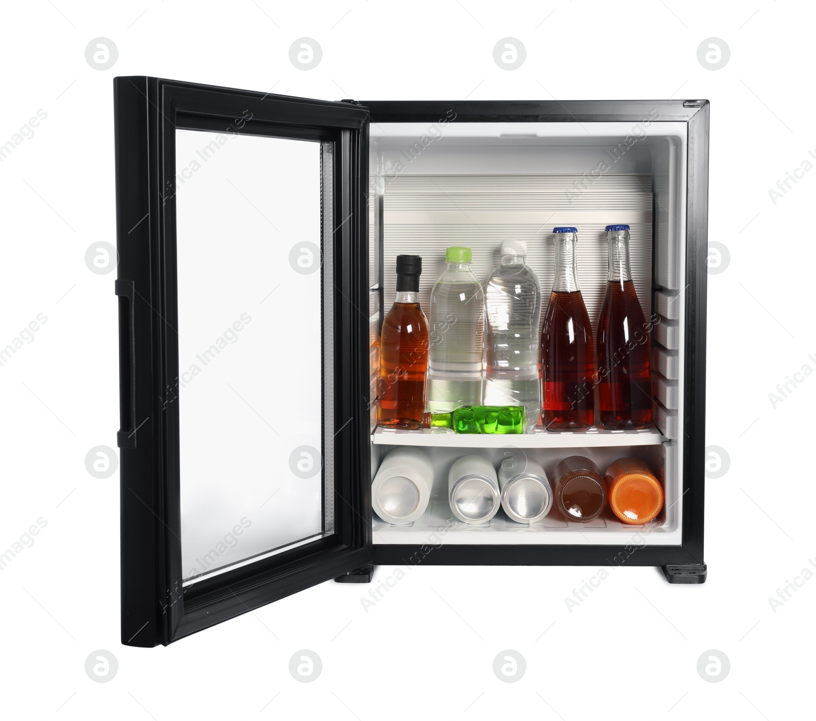 Photo of Mini refrigerator with drinks isolated on white