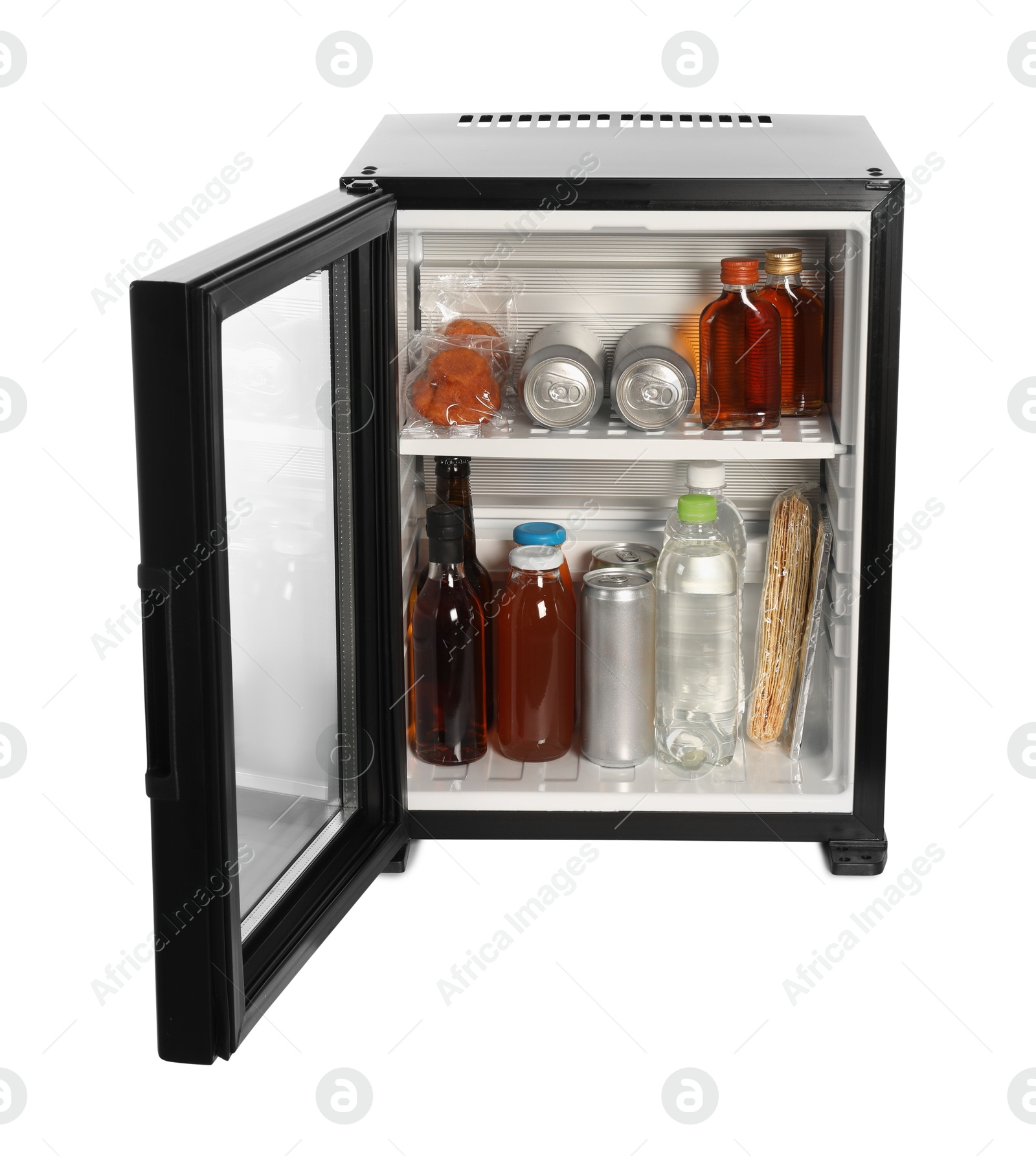 Photo of Mini refrigerator with drinks and snacks isolated on white