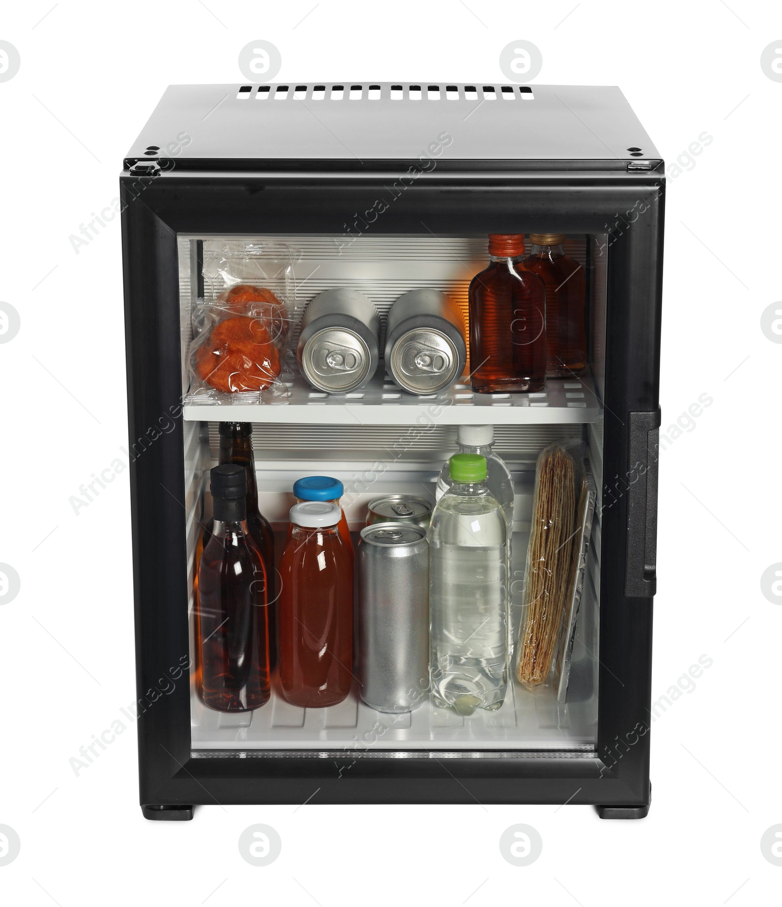 Photo of Mini refrigerator with drinks and snacks isolated on white