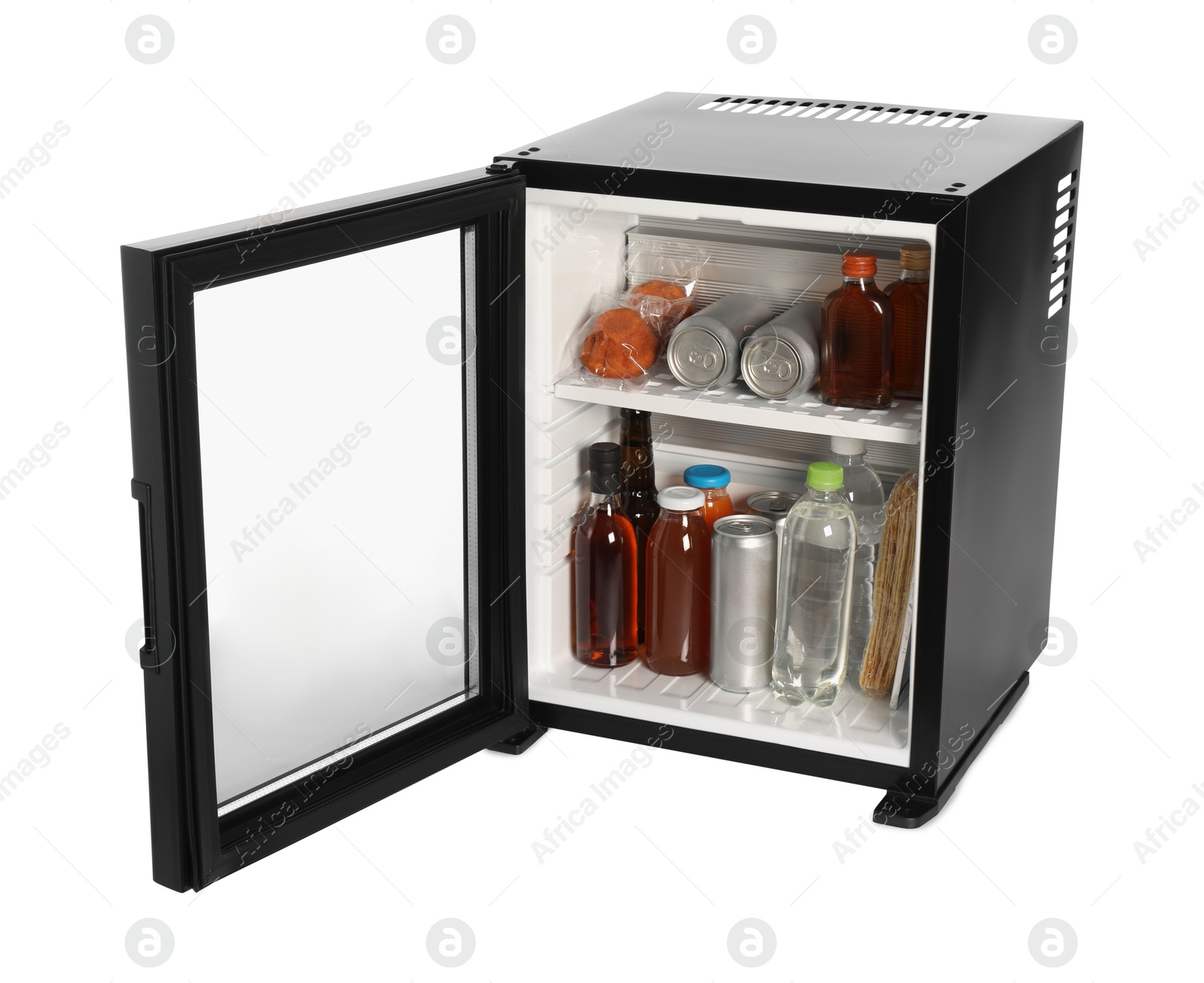 Photo of Mini refrigerator with drinks and snacks isolated on white