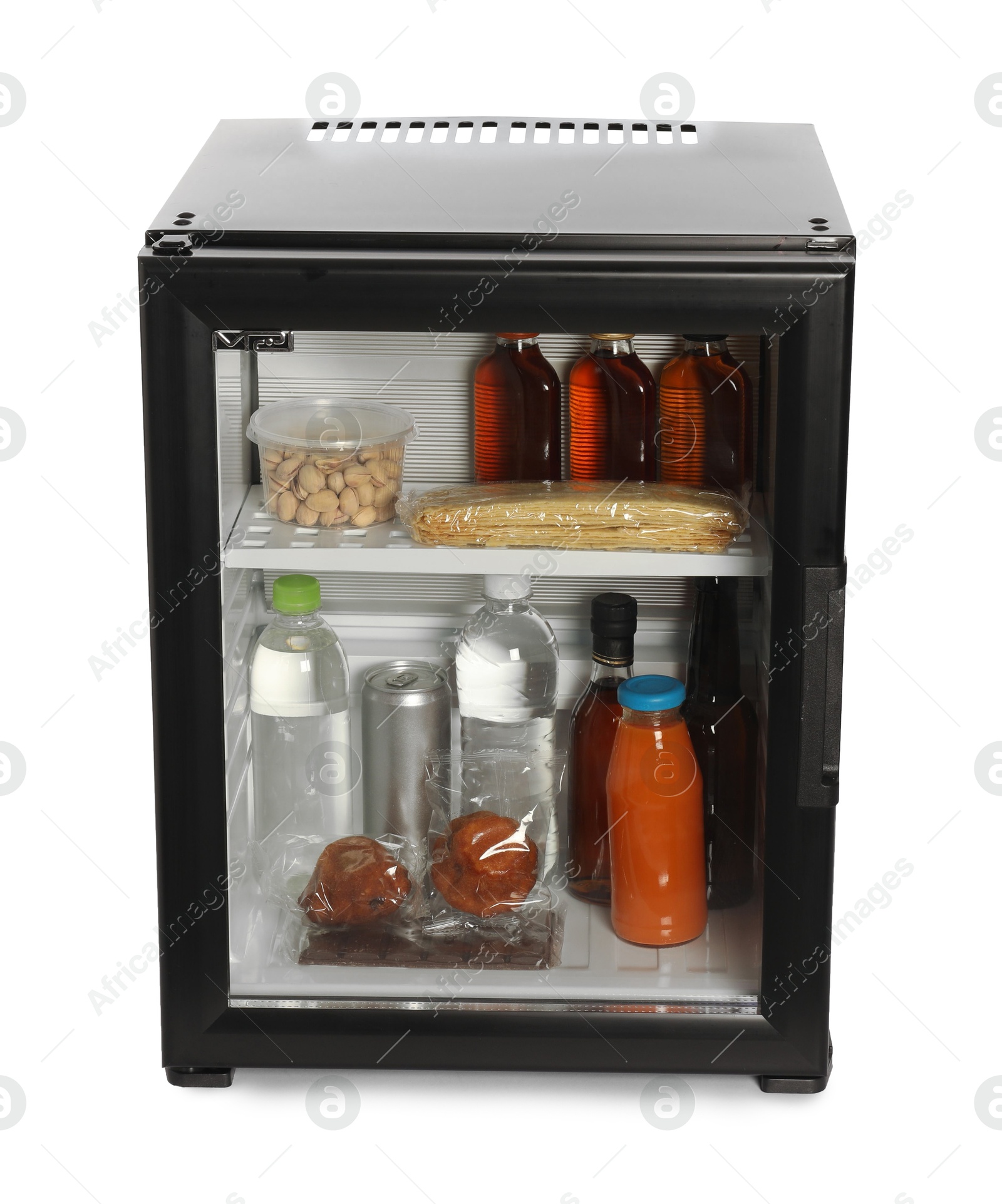 Photo of Mini refrigerator with drinks and snacks isolated on white