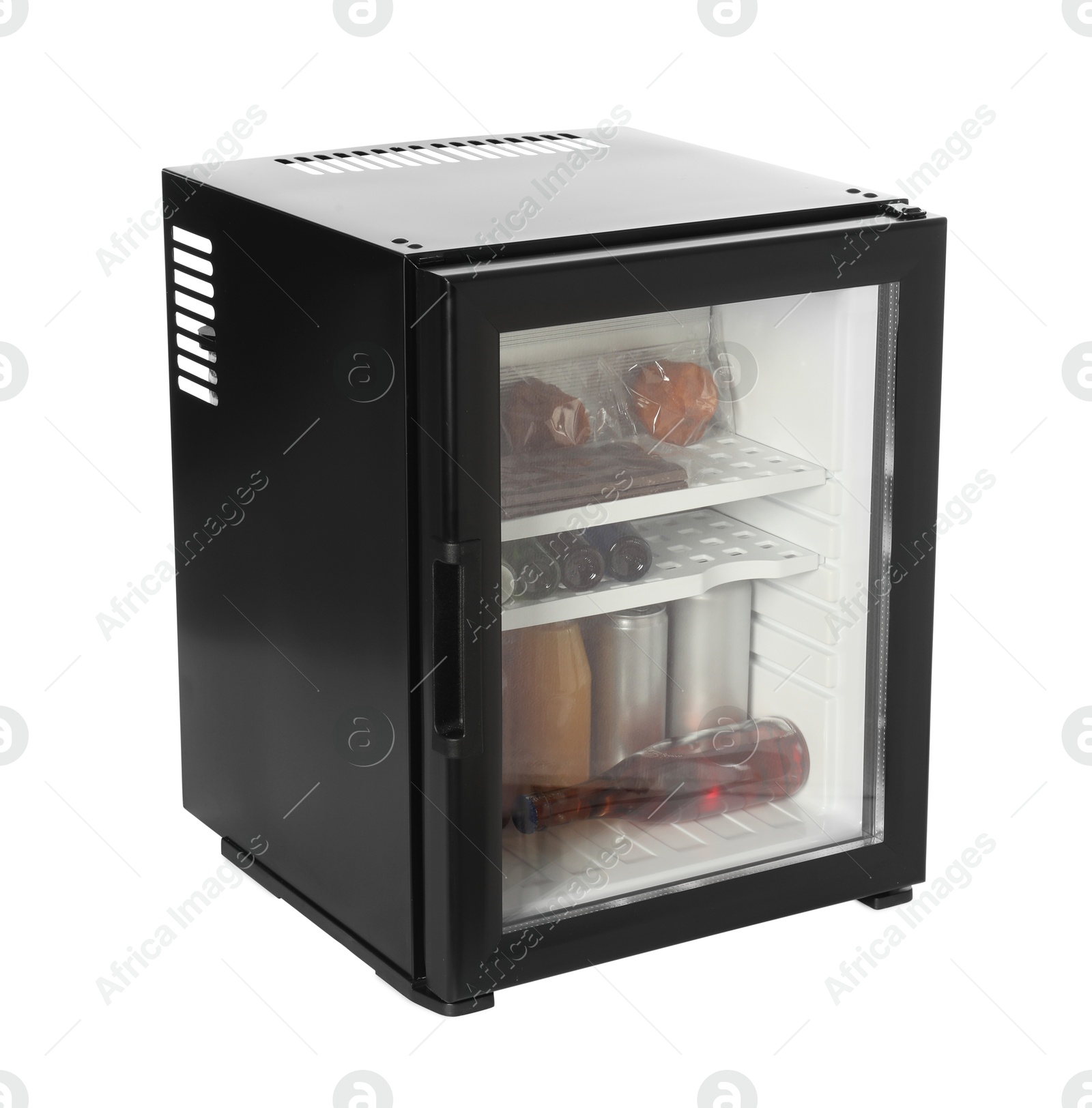 Photo of Mini refrigerator with drinks and snacks isolated on white