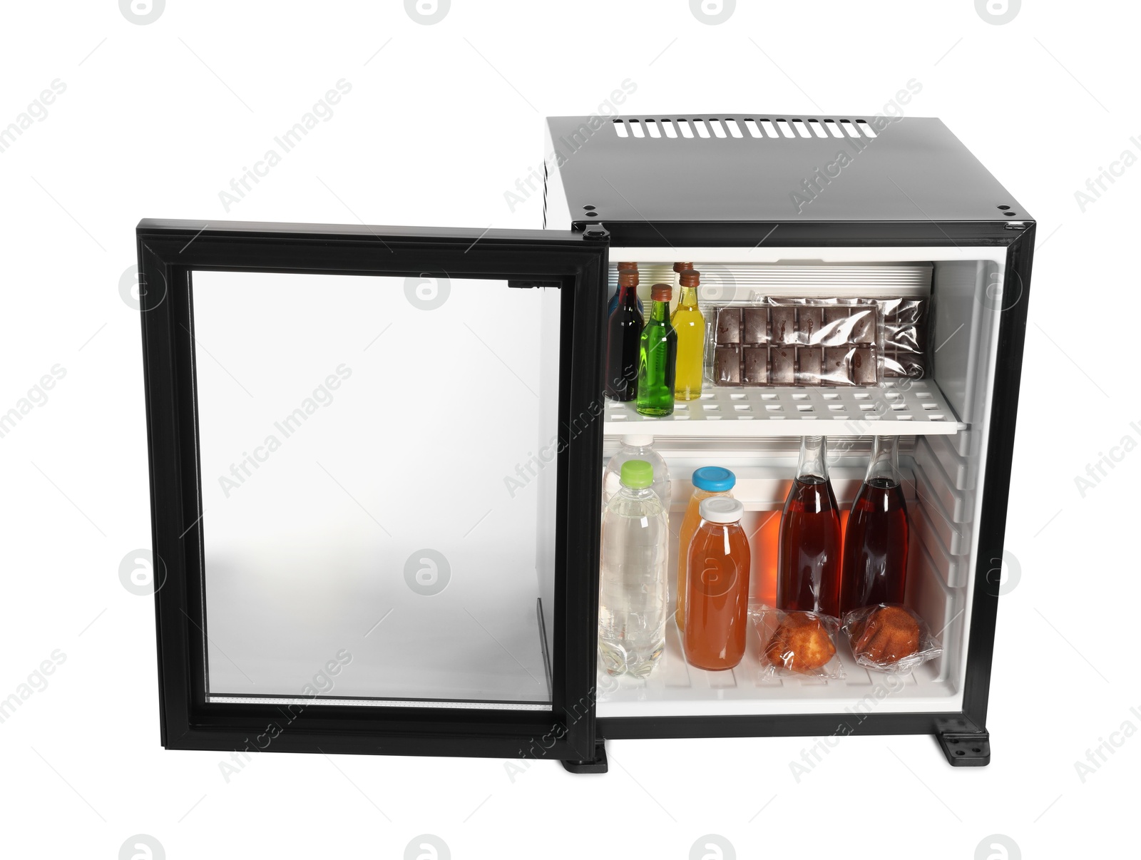 Photo of Mini refrigerator with drinks and snacks isolated on white