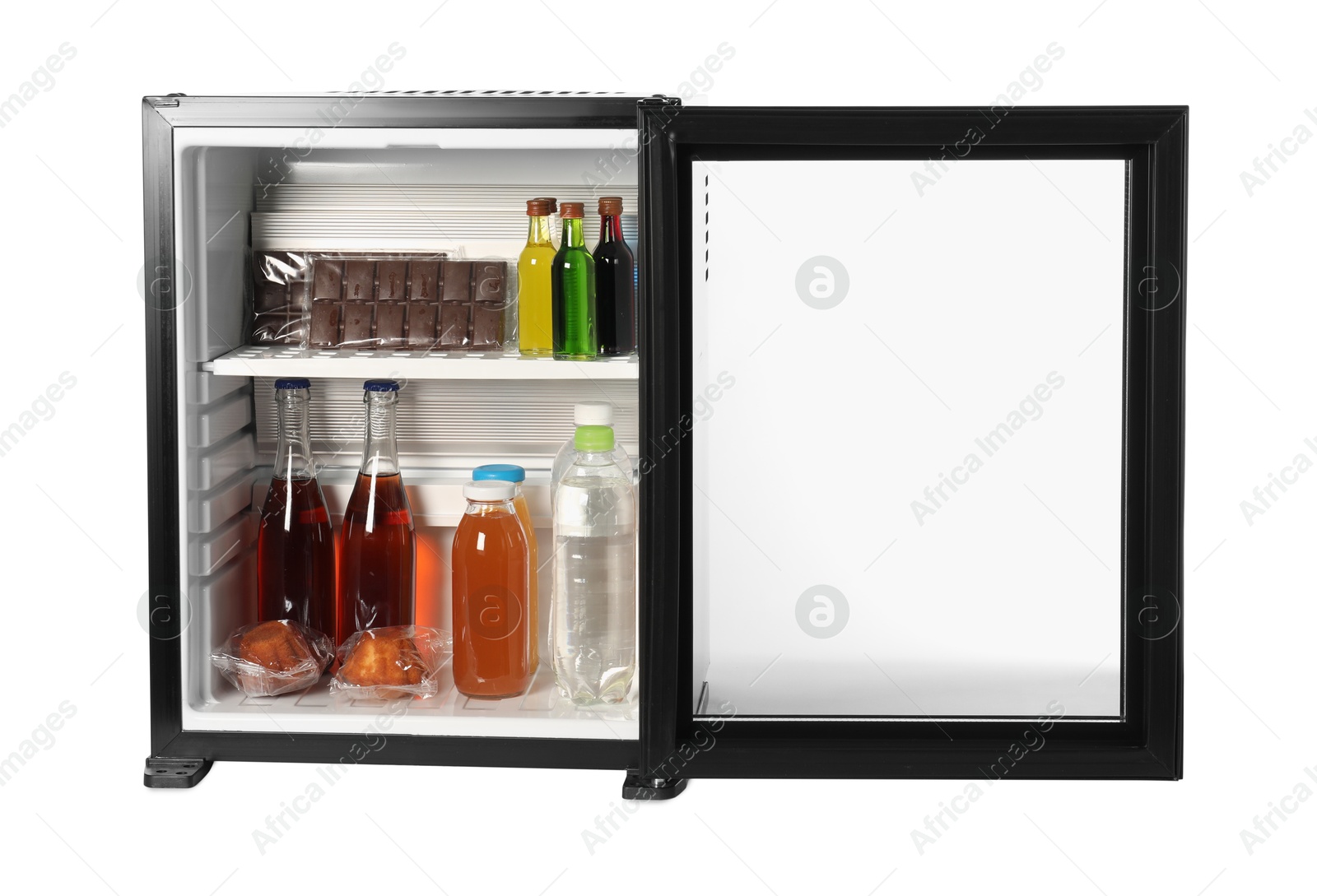 Photo of Mini refrigerator with drinks and snacks isolated on white