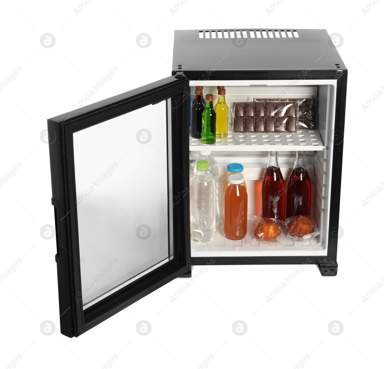 Photo of Mini refrigerator with drinks and snacks isolated on white