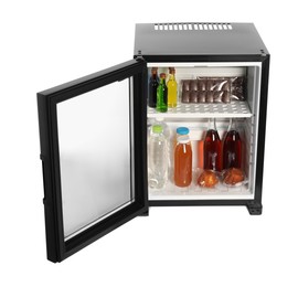 Mini refrigerator with drinks and snacks isolated on white