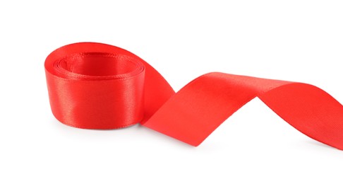 Photo of One beautiful red ribbon isolated on white