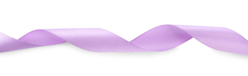 Photo of One beautiful violet ribbon isolated on white, top view