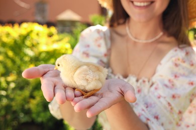 Photo of Woman with cute chick outdoors, selective focus. Baby animal