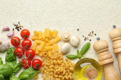 Different types of pasta, spices and products on light table, flat lay. Space for text